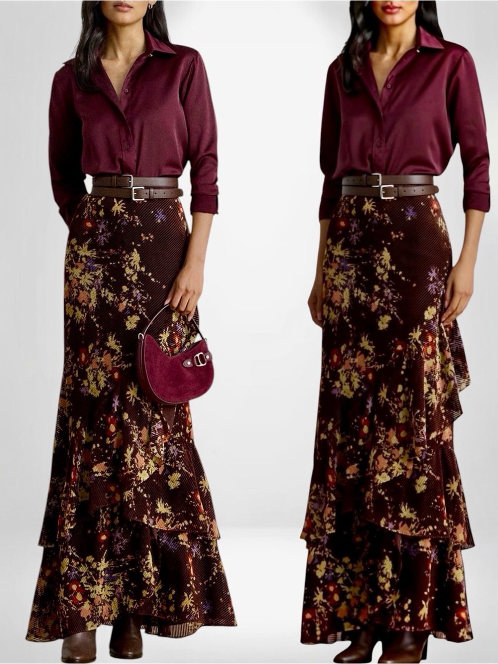 Ralph Lauren Women’s Brown Floral Burnout Velvet Tiered Petite Maxi Skirt 2P NEW